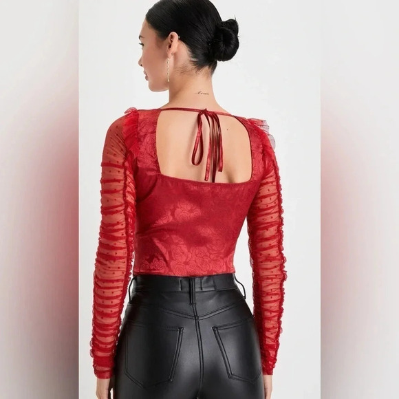 Lulus Red Floral Jacquard Satin Mesh Ruched Bodysuit - Picture 3 of 9
